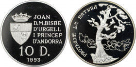 Europäische Münzen und Medaillen, Andorra. Baum und Vogelschwarm. 10 Diners 1993. 31,47 g. 0.925 Silber. 0.94 OZ. KM 84. Polierte Platte