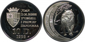 Europäische Münzen und Medaillen, Andorra. Wolf. 10 Diners 1995. 31,10 g. 0.925 Silber. 0.93 OZ. KM 113. Polierte Platte