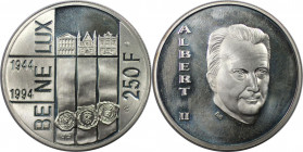 Europäische Münzen und Medaillen, Belgien / Belgium. 50. Jahre BENELUX. 250 Francs 1994. 18,75 g. 0.925 Silber. 0.56 OZ. KM 195. Polierle Platte