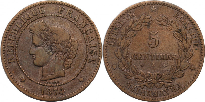 Europäische Münzen und Medaillen, Frankreich / France. 5 Centimes 1874 A. Bronze...