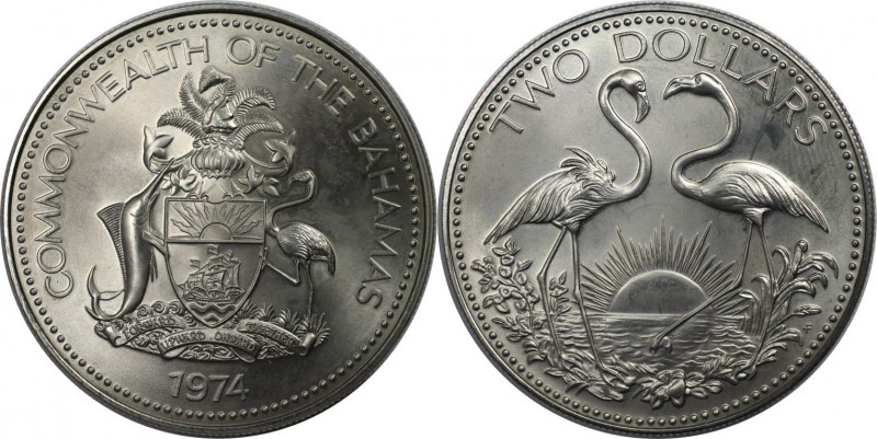 Weltmünzen und Medaillen, Bahamas. Flamingos. 2 Dollars 1974. Kupfer-Nickel. KM ...