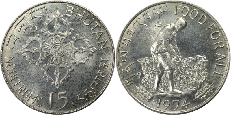 Weltmünzen und Medaillen, Bhutan. Serie: F.A.O. 15 Ngultrums 1974. 22,30 g. 0.50...