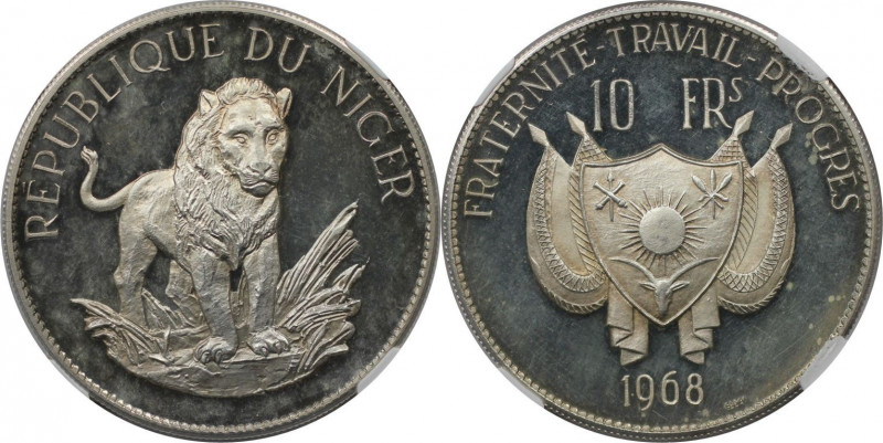 Weltmünzen und Medaillen, Niger. Serie: Umweltschutz - Löwe. 10 Francs 1968, ESS...