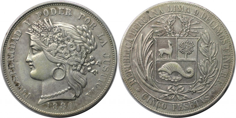 Weltmünzen und Medaillen, Peru. 5 Pesetas 1880 BF, Silber. KM 201.1. Sehr schön+...