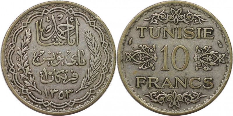 Weltmünzen und Medaillen, Tunesien / Tunisia. Ahmad Pasha Bey. 10 Francs 1934. S...