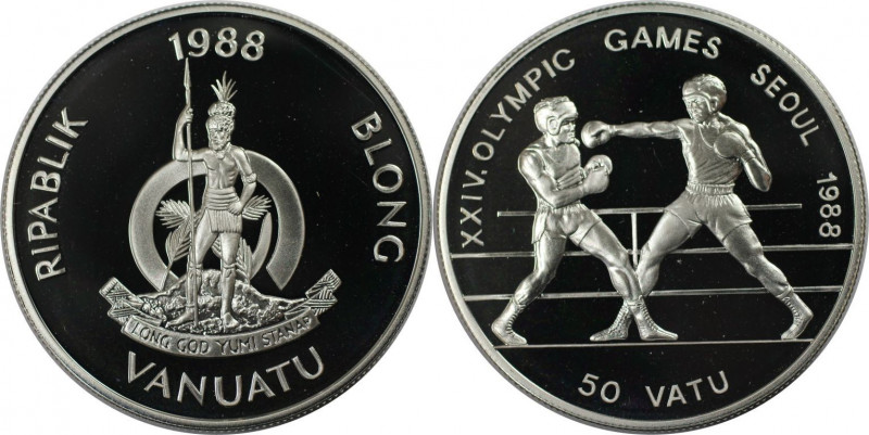 Weltmünzen und Medaillen, Vanuatu. Olympische Spiele 1988 in Seoul - Boxen. 50 V...