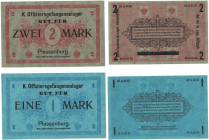 Banknoten, Deutschland / Germany. Plassenburg, K.Offiziersgefangenenlager. 1 Mark und 2 Mark ND. Lot von 2 Banknoten. I
