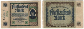 Banknoten, Deutschland / Germany. Deutsches Reich, Weimarer Republik. Reichsbanknote 5000 Mark 1922. Ro.76. III