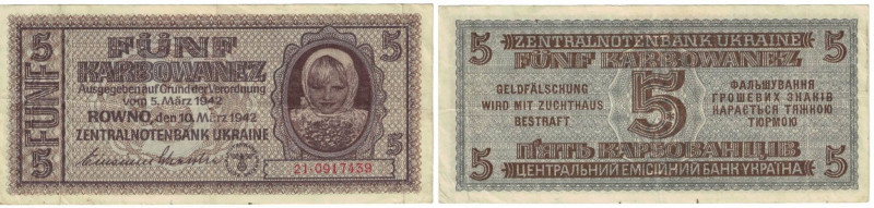 Banknoten, Deutschland / Germany. Deutsche Besatzung Ukraine. 5 Karbowanez 1942....