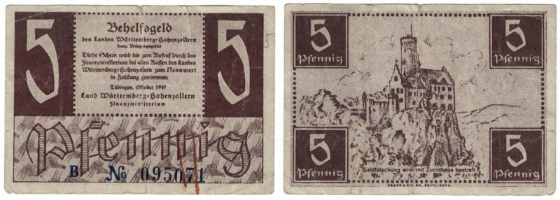 Banknoten, Deutschland / Germany. Alliierte Besatzung. 5 Pfennig 1947. Französis...