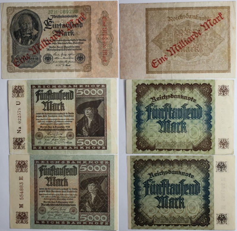 Banknoten, Deutschland / Germany, Lots und Sammlungen. 2 x 5000 Mark, 1 Milliard...