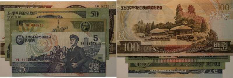 Banknoten, Korea Nord / North Korea. 5 Won 1998, P.40, 10 Won 1988, P.29, 50 Won...