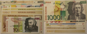 Banknoten, Slowenien / Slovenia, Lots und Sammlungen. 1-1000 Tolarjev 1990-92. Lot von 10 Banknoten. I-III