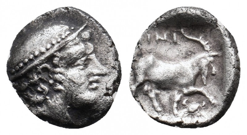 THRACE. Ainos. (Circa 408-406 BC). AR Diobol
Obv: Head of Hermes right wearing p...