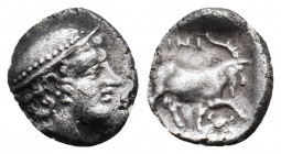 THRACE. Ainos. (Circa 408-406 BC). AR Diobol
Obv: Head of Hermes right wearing petasos.
Rev: [A]INI.
Goat standing right; crab below raised foreleg.
S...