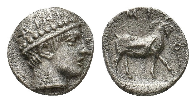 THRACE. Ainos. (Circa 435-405 BC). AR Diobol.
Obv: Head of Hermes to right, wear...