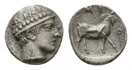 THRACE. Ainos. (Circa 435-405 BC). AR Diobol.
Obv: Head of Hermes to right, wearing petasos, AINI on helmet 
Rev: Goat standing to right; [AI]NI above...