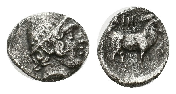 THRACE, Ainos. (Circa 427/6-425/4 BC). AR Diobol.
Obv: Head of Hermes right, wea...