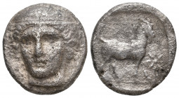 THRACE. Ainos. (Circa 374-371 BC). AR Tetradrachm.
Obv: Head of Hermes facing slightly left, wearing petasos.
Rev: [AINION].
Goat standing right; star...