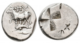 THRACE. Byzantion. (Circa 340-320 BC). AR Siglos.
Obv: 'ΠΥ.
Bull standing left on dolphin left.
Rev: Stippled quadripartite incuse square.
SNG BM Blac...