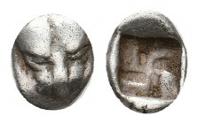 CIMMERIAN BOSPOROS. Pantikapaion. (Circa 470-460 BC). AR Obol. 
Obv: Facing head of lion. 
Rev: Incuse square with swastika.
Condition: VF.
Weight: 0....