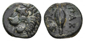 THRACE. Chersonesos. Paktye. (Circa 375-325 BC). Ae. 
Obv: Head of roaring lion left. 
Rev: ΠΑΚ / ΤΥ. 
Grain ear; scallop shell to lower right. 
Roma ...