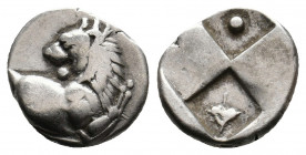 THRACE. Chersonesos. (Circa 386-338 BC). AR Hemidrachm.
Obv: Forepart of lion right, head left.
Rev: Quadripartite incuse square; pellet in one quarte...