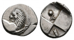 THRACE. Chersonesos. (Circa 386-338 BC). AR Hemidrachm.
Obv: Forepart of lion right, head left.
Rev: Quadripartite incuse square, with alternating rai...