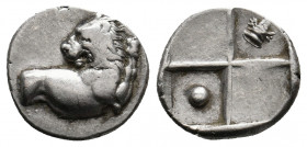 THRACE. Chersonesos. (Circa 386-338 BC). AR Hemidrachm.
Obv: Forepart of lion right, head reverted.
Rev: Quadripartite incuse square with alternating ...