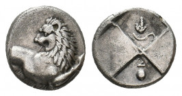THRACE. Chersonesos. (Circa 386-338 BC). AR Hemidrachm.
Obv: Forepart of lion right, head left.
Rev: Quadripartite incuse square with alternating rais...