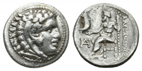 KINGS OF MACEDON. Alexander III 'the Great' (336-323 BC). AR Drachm. Miletos.
Obv: Head of Herakles right, wearing lion skin.
Rev: AΛEΞANΔPOY. 
Zeus A...