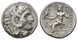KINGS OF MACEDON. Alexander III 'the Great' (336-323 BC). AR Drachm. Kolophon.
Obv: Head of Herakles right, wearing lion skin.
Rev: AΛEΞANΔPOY. 
Zeus ...