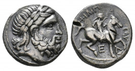 KINGS OF MACEDON. Philip II (359-336 BC). AR Tetradrachm. Amphipolis.
Obv: Laureate head of Zeus right.
Rev: ΦΙΛΙΠ-ΠΟΥ. 
Youth, holding palm frond, ri...