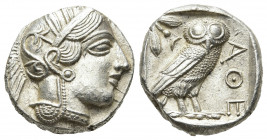 ATTICA. Athens (Circa 454-404 BC). AR Tetradrachm
Obv: Helmeted head of Athena right, with frontal eye.
Rev: AΘE.
Owl standing right, head facing; oli...