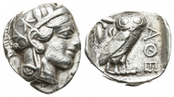 ATTICA. Athens (Circa 454-404 BC). AR Tetradrachm
Obv: Helmeted head of Athena right, with frontal eye.
Rev: AΘE.
Owl standing right, head facing; oli...