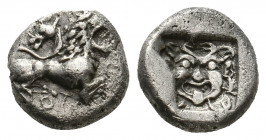 ASIA MINOR. Uncertain. (Circa 5th century BC). AR, Hemidrachm.
Obv: Forepart of chimaera right, uncertain legend (..OX..[?]) below.
Rev: Facing gorgon...