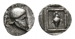 ASIA MINOR. Uncertain mint. (Circa 450 BC) AR Tetartemorion. 
Obv: Crested Corinthian helmet right. 
Rev: Amphora in linear square. 
Unpublished in th...