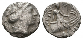 EUBOIA. Histiaia. (3rd-2nd centuries BC). AR Tetrobol.
Obv: Wreathed head of the nymph Histiaia right.
Rev: [IΣTI]AIEΩN.
Nymph seated right on stern o...