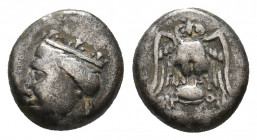 PONTOS. Amisos. (Circa 4th century BC). AR Drachm.Uncertain magistrate.
Obv: Head of Hera left, wearing mural crown.
Rev: Owl, with wings spread, stan...