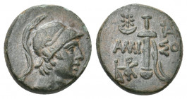 PONTOS. Amisos. Time of Mithradates VI, (Circa 111-105 or 95-90 BC).Ae.
Obv: Ares right, wearing helmet.
Rev: ΑΜΙ-ΣΟΥ
Sword in sheath, star-in-crescen...