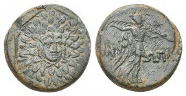 PONTOS. Amisos. Time of Mithradates VI Eupator. (Circa 85-65 BC). Ae.
Obv: Aegis facing.
Rev: AMIΣOY.
Nike advancing right with shouldered palm branch...