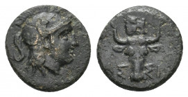 TROAS. Assos (Circa 350-300 BC.) Ae.
Obv: Head of Athena right, wearing crested Attic helmet.
Rev: AΣ-ΣI.
Bucranium, uncertain symbol above.
SNG von A...