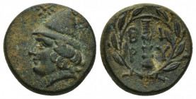 TROAS. Birytis. (4th-3rd centuries BC). Ae.
Obv: Head of Kabeiros left, wearing pilos; star to left and right.
Rev: B - I / P - Y 
Two lines around do...