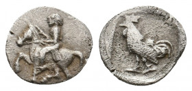 TROAS. Dardanos. (4th-3rd centuries BC). AR Obol.
Obv: Rider on horse trotting left.
Rev: Cock standing left within incuse square.
SNG Copenhagen 282....