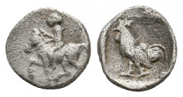 TROAS. Dardanos. (4th-3rd centuries BC). AR Obol.
Obv: Rider on horse trotting left.
Rev: Cock standing left within incuse square.
SNG Copenhagen 282....