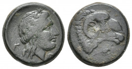 TROAS. Kebren. (Circa 400-387 BC). Ae.
Obv: Head of ram right; below, grain ear right. 
Rev: K - E. 
Laureate head of Apollo right. 
SNG Copenhagen 26...