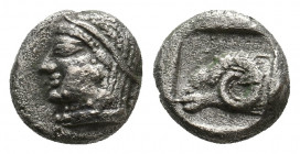 TROAS. Kebren. (5th century BC). AR Obol.
Obv: Archaic head (Apollo?) left.
Rev: Head of ram left within incuse square.
Cf. SNG Ashmolean 1086 (diobol...