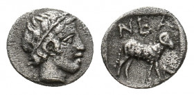 TROAS. Neandria. (4th century BC). AR Hemiobol.
Obv: Laureate head of Apollo right.
Rev: NEAN.
Ram standing right within incuse square.
SNG Copenhagen...