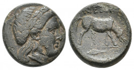 TROAS. Neandria. (4th century BC). Ae.
Obv: Laureate head right.
Rev: NEAN.
Horse grazing right, grain in exergue.
SNG Copenhagen 451 ff.
Condition: G...