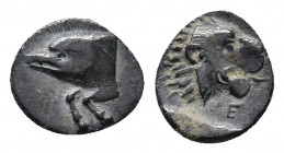 ASIA MINOR. Uncertain. (Circa 5th century BC). AR Obol.
Obv: Forepart of animal (boar or dolphin ?) to left.
Rev: Lion’s head right with open jaws and...
